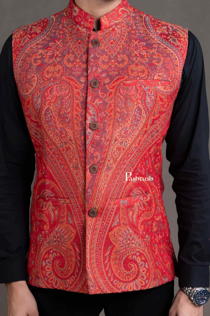 Pashtush India Coats & Jackets PASHTUSH MENS WOVEN JACQUARD WAISTCOAT, STRUCTURED SLIM FIT, RED