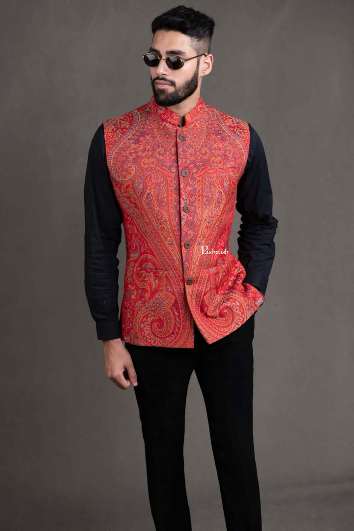Pashtush India Coats & Jackets PASHTUSH MENS WOVEN JACQUARD WAISTCOAT, STRUCTURED SLIM FIT, RED