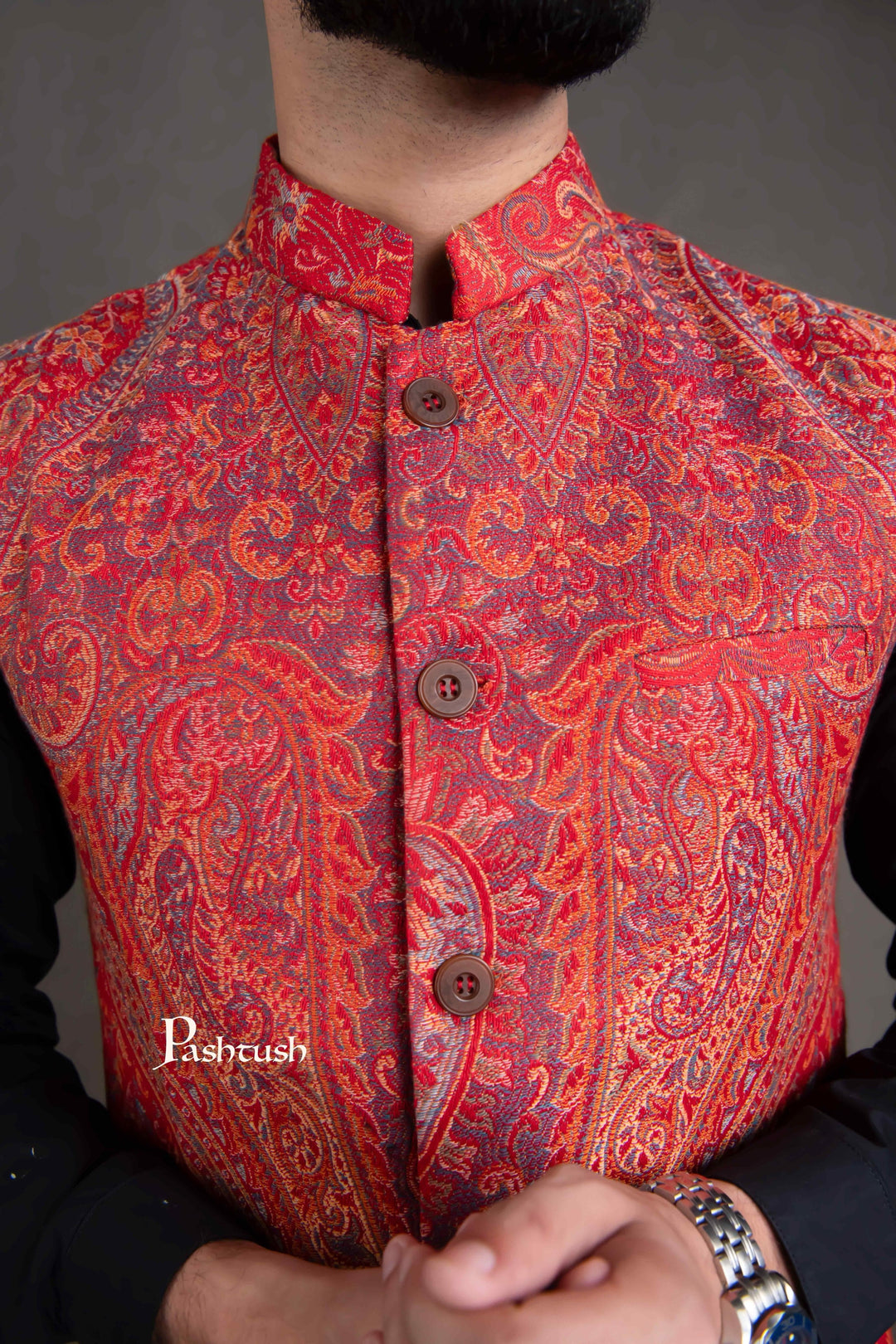 Pashtush India Coats & Jackets PASHTUSH MENS WOVEN JACQUARD WAISTCOAT, STRUCTURED SLIM FIT, RED