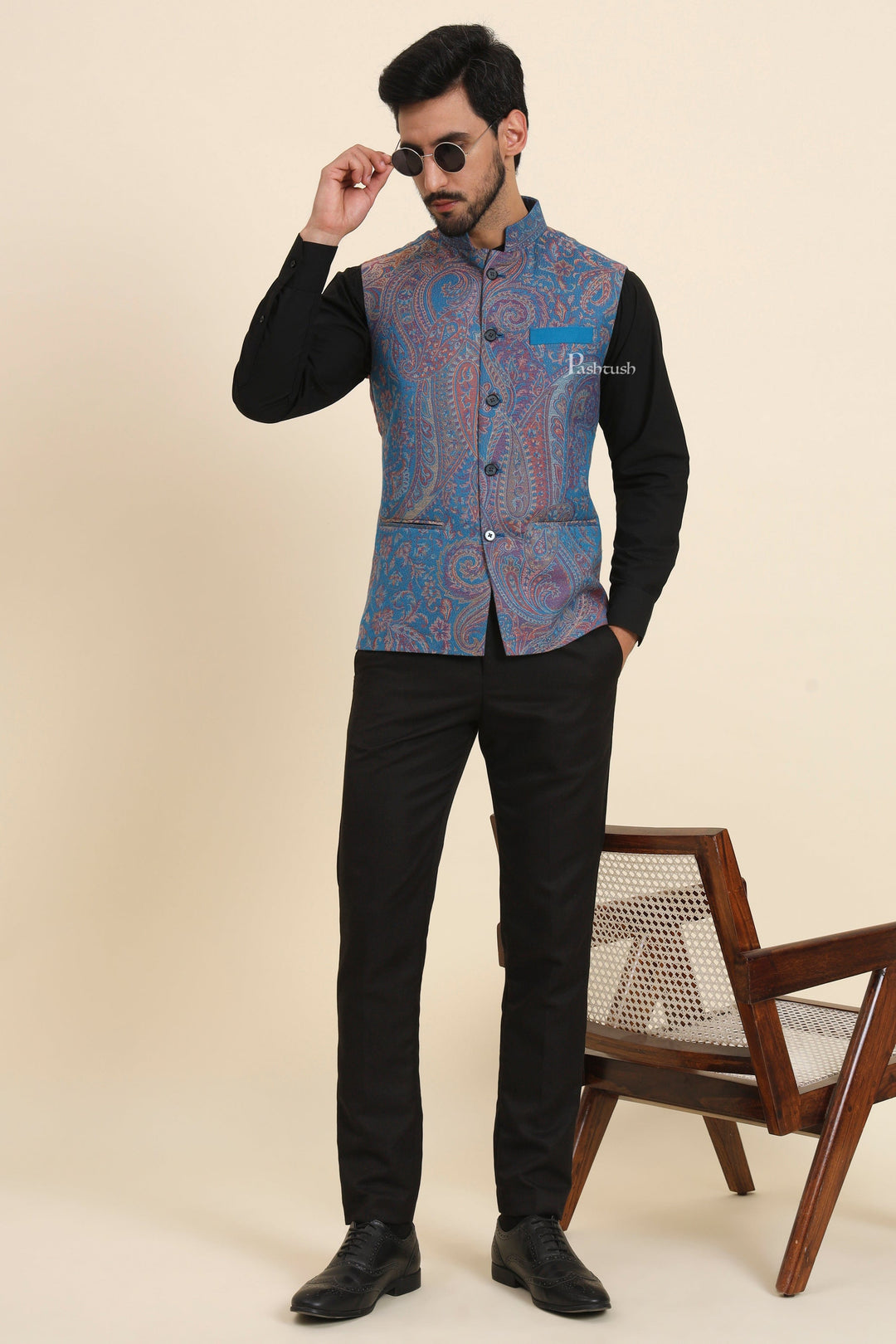 Pashtush India Coats & Jackets Pashtush Mens Woven Jacquard Waistcoat, Structured Slim Fit, Sapphire Blue