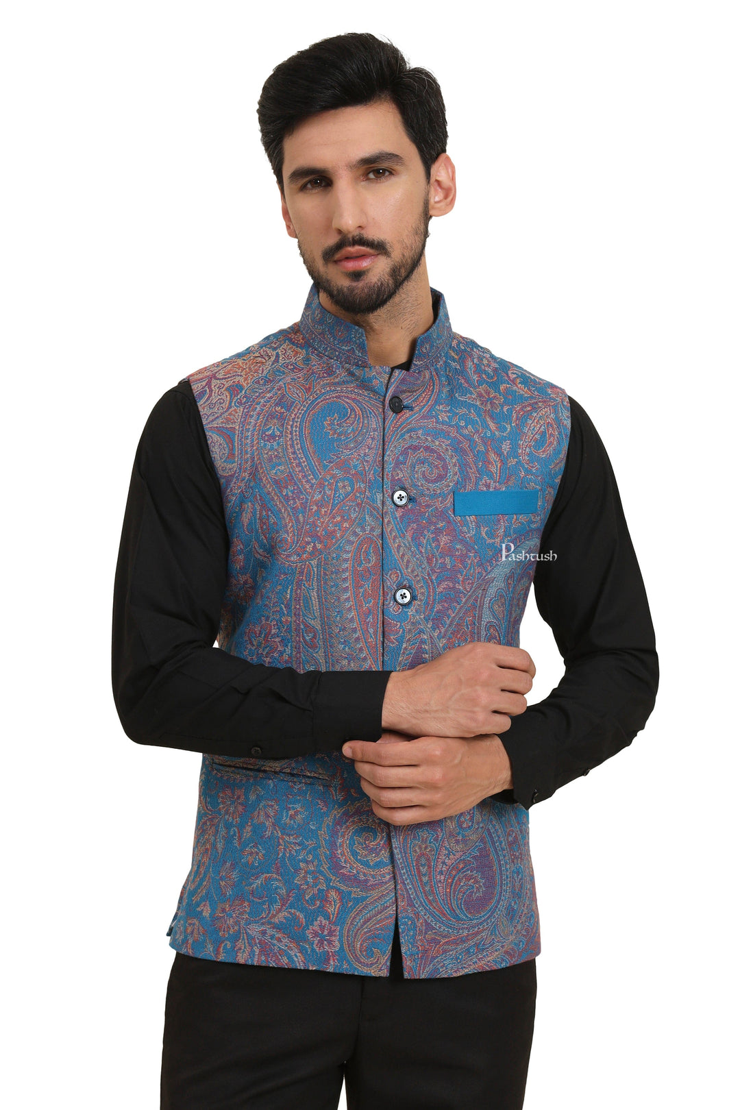 Pashtush India Coats & Jackets Pashtush Mens Woven Jacquard Waistcoat, Structured Slim Fit, Sapphire Blue