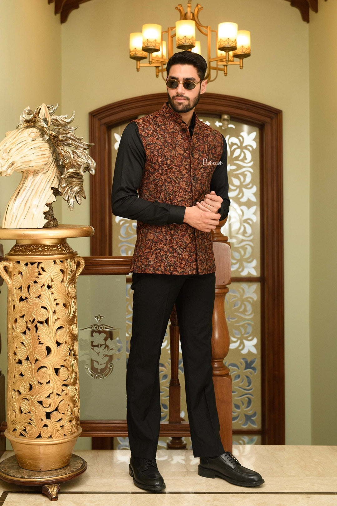 Pashtush India Coats &amp; Jackets Pashtush Mens Woven Structured Waistcoat, Slim Fit, Black