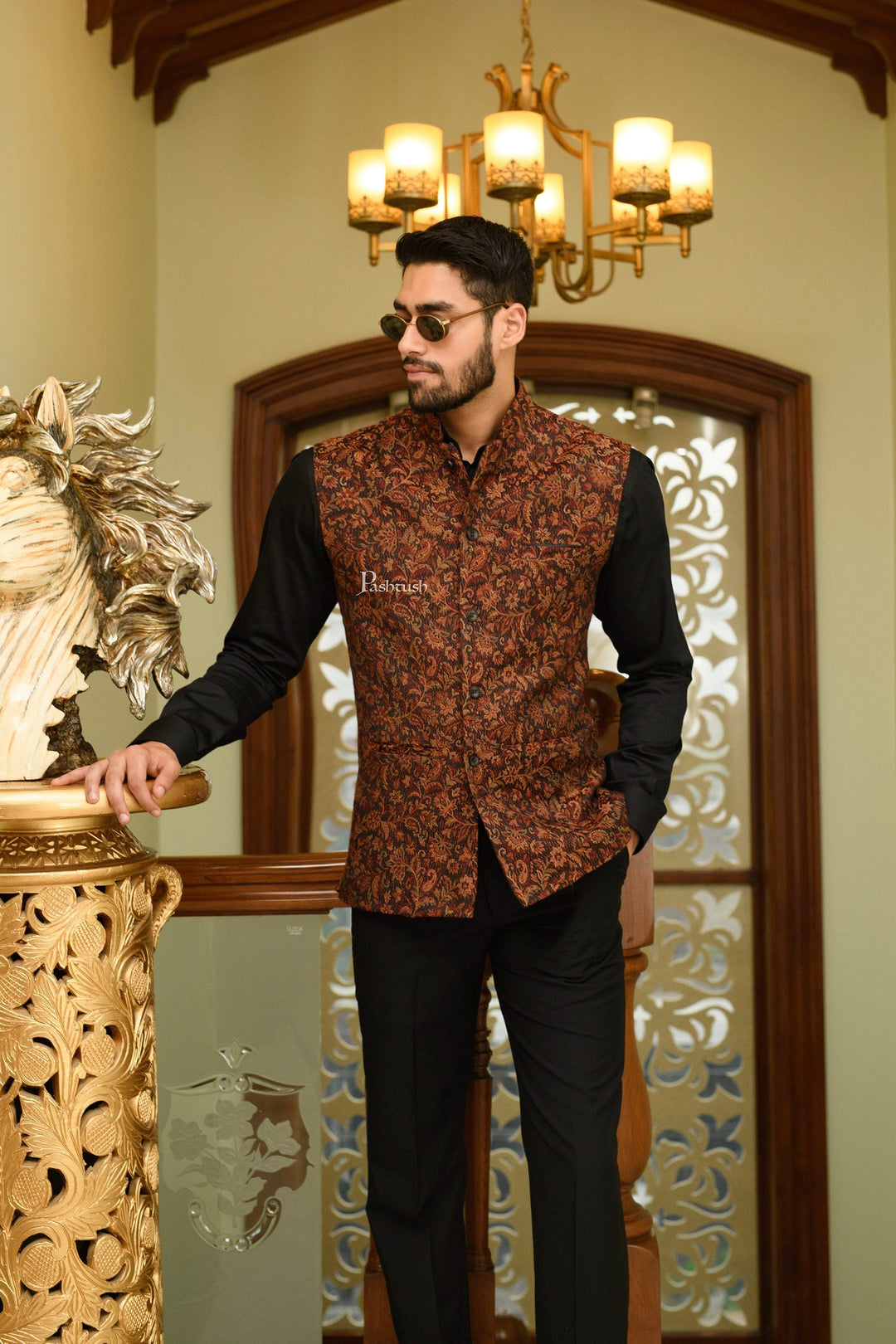 Pashtush India Coats & Jackets Pashtush Mens Woven Structured Waistcoat, Slim Fit, Black