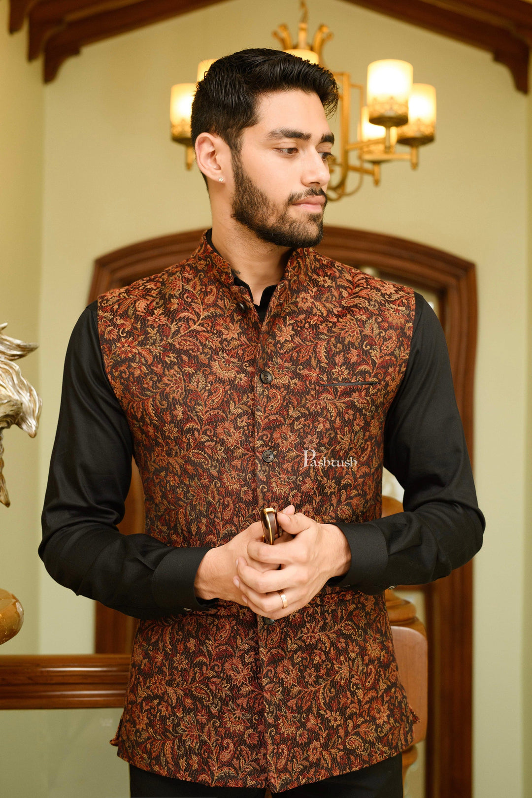 Pashtush India Coats &amp; Jackets Pashtush Mens Woven Structured Waistcoat, Slim Fit, Black