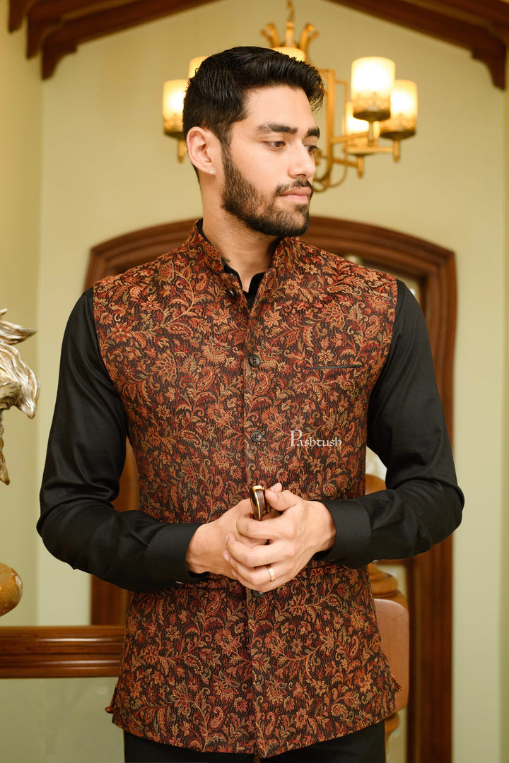 Pashtush India Coats &amp; Jackets Pashtush Mens Woven Structured Waistcoat, Slim Fit, Black