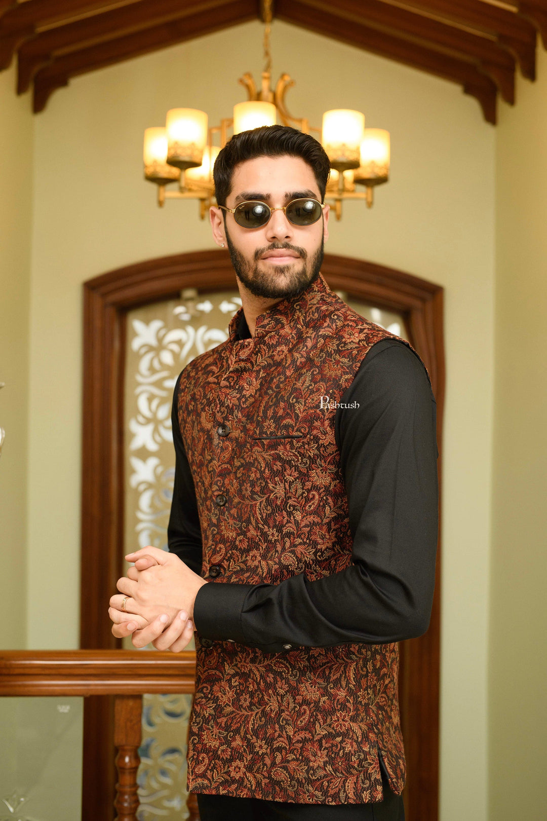 Pashtush India Coats &amp; Jackets Pashtush Mens Woven Structured Waistcoat, Slim Fit, Black