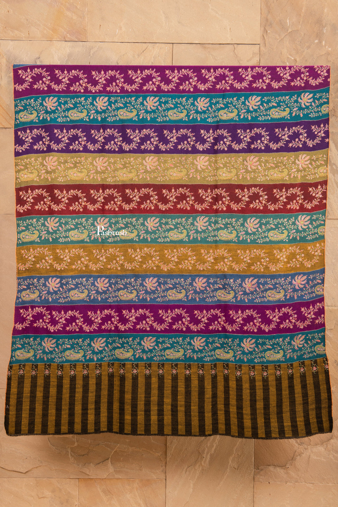 Pashtush Shawl Store Womens Shawls Pashtush Multicolour Khateras Sozni Pure Pashmina Jama, A Kashmiri Heritage Collectible