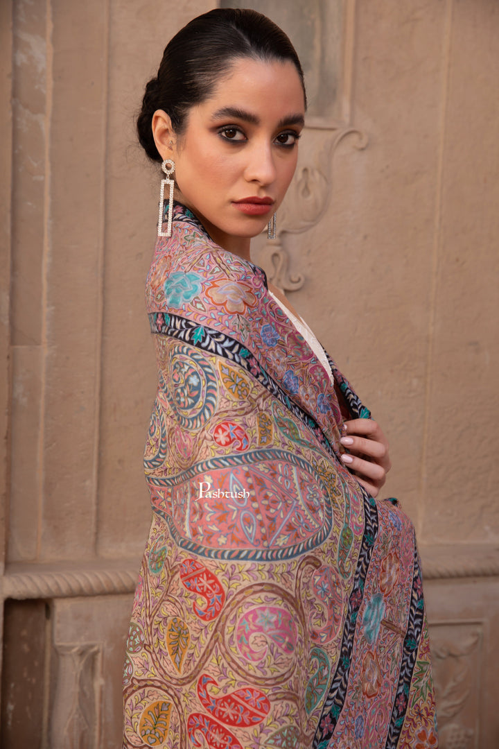Pashtush India Womens Shawls Pashtush Pashmina Kalamkari Shawl, Pastel Hues, With Hand Painting and Outline Hand Embroidery, Soft Pastels
