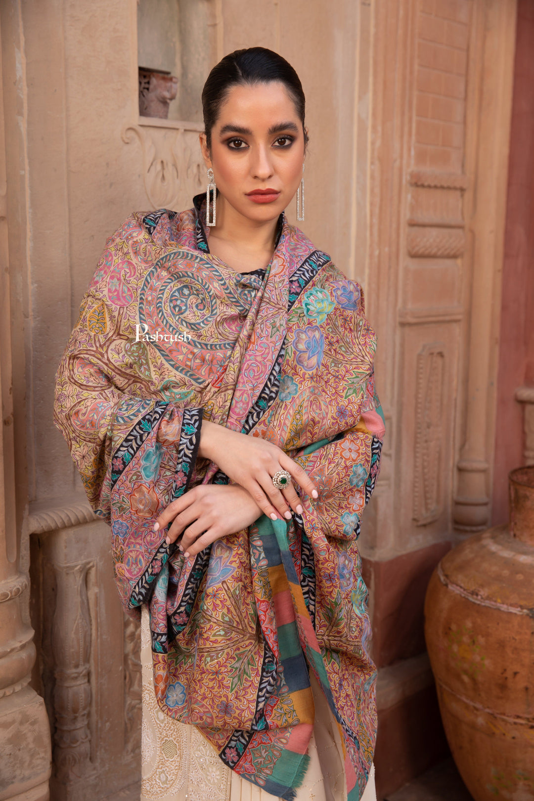 Pashtush India Womens Shawls Pashtush Pashmina Kalamkari Shawl, Pastel Hues, With Hand Painting and Outline Hand Embroidery, Soft Pastels