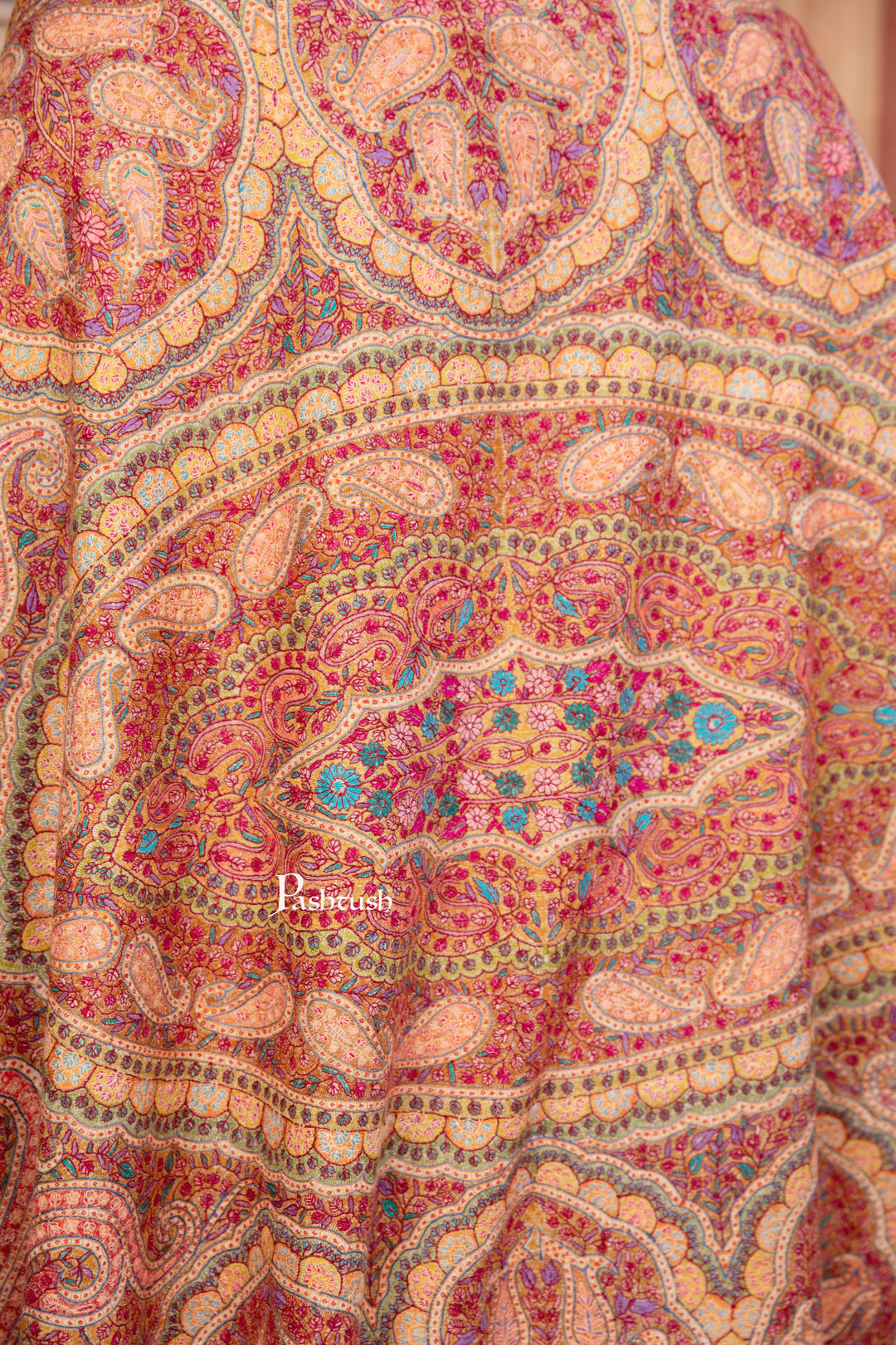 Pashtush India Womens Shawls Pashtush Pashmina Shawl, Hand Embroidery Jama, Kashmiri Needlework, handmade, Beige