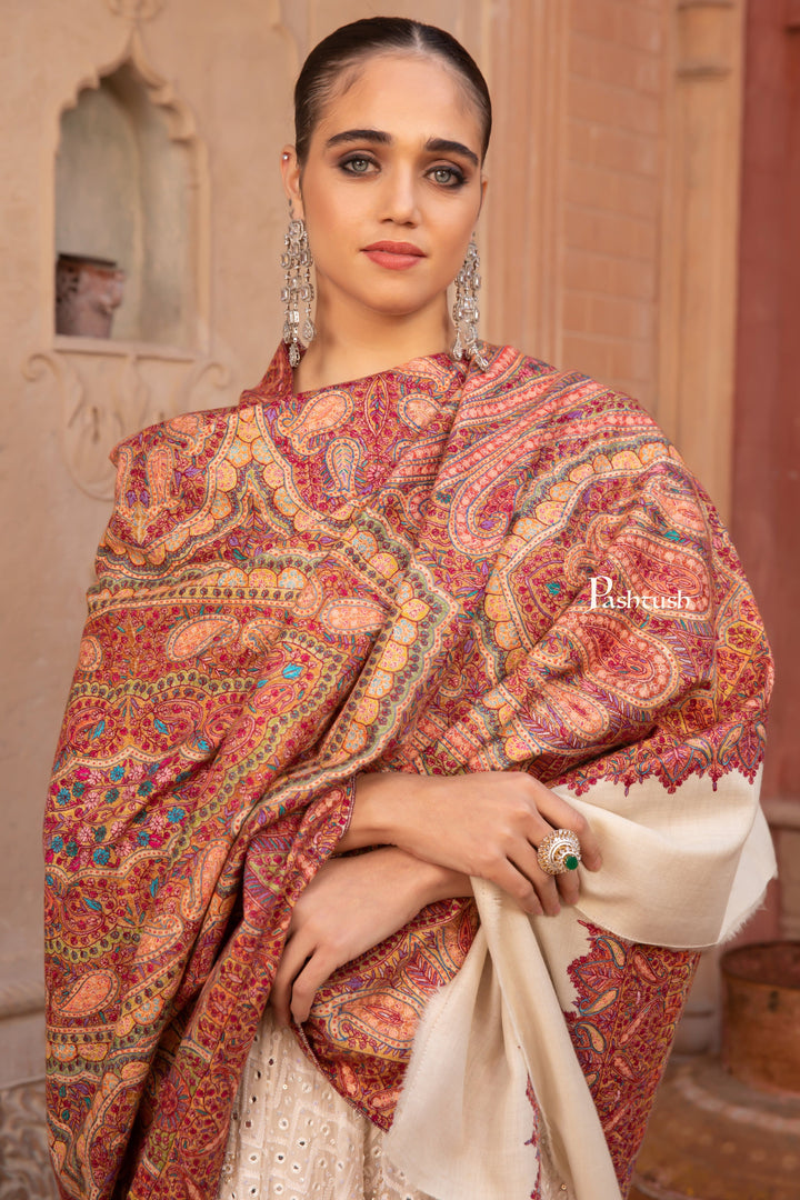 Pashtush India Womens Shawls Pashtush Pashmina Shawl, Hand Embroidery Jama, Kashmiri Needlework, handmade, Beige