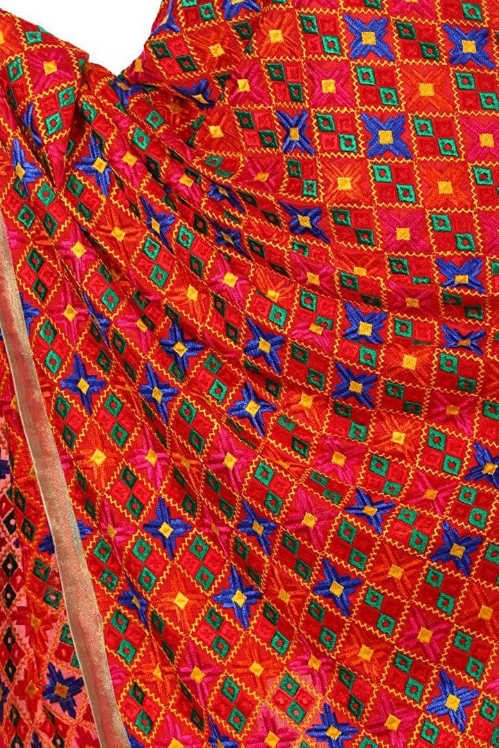 Pashtush Phulkari Dupatta, Punjabi Silken Thread Embroidery For Women