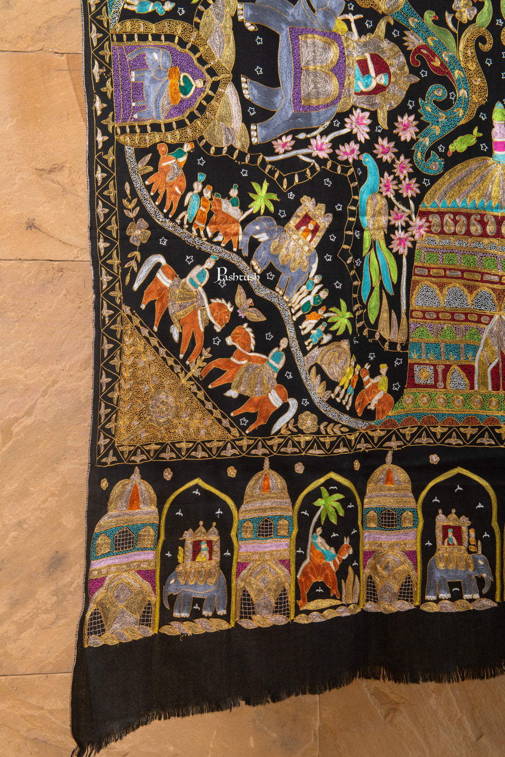Pashtush Shawl Store Womens Shawls Pashtush Pure Pashmina “Royal Caravan” Tilla & Aari Embroidered Shawl, A Kashmiri Courtly Tapestry