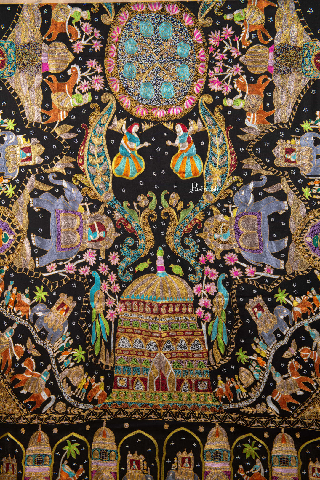 Pashtush Shawl Store Womens Shawls Pashtush Pure Pashmina “Royal Caravan” Tilla & Aari Embroidered Shawl, A Kashmiri Courtly Tapestry