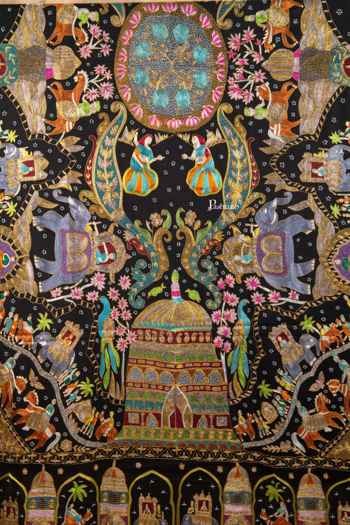 Pashtush Shawl Store Womens Shawls Pashtush Pure Pashmina “Royal Caravan” Tilla & Aari Embroidered Shawl, A Kashmiri Courtly Tapestry