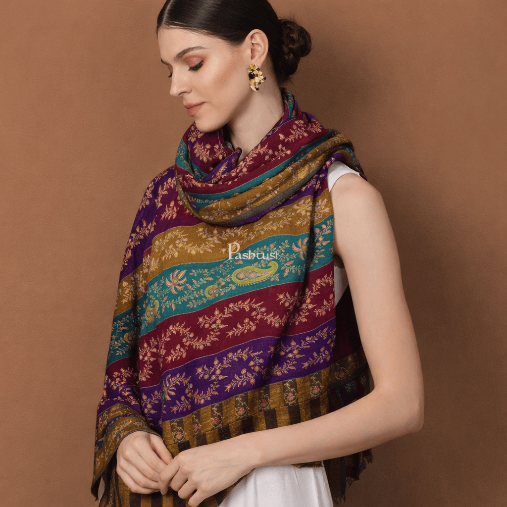 Pashtush Shawl Store Womens Shawls Pashtush Pure Pashmina shawl Multicolour Khateras Sozni Pure Pashmina Jama, A Kashmiri Heritage Collectible