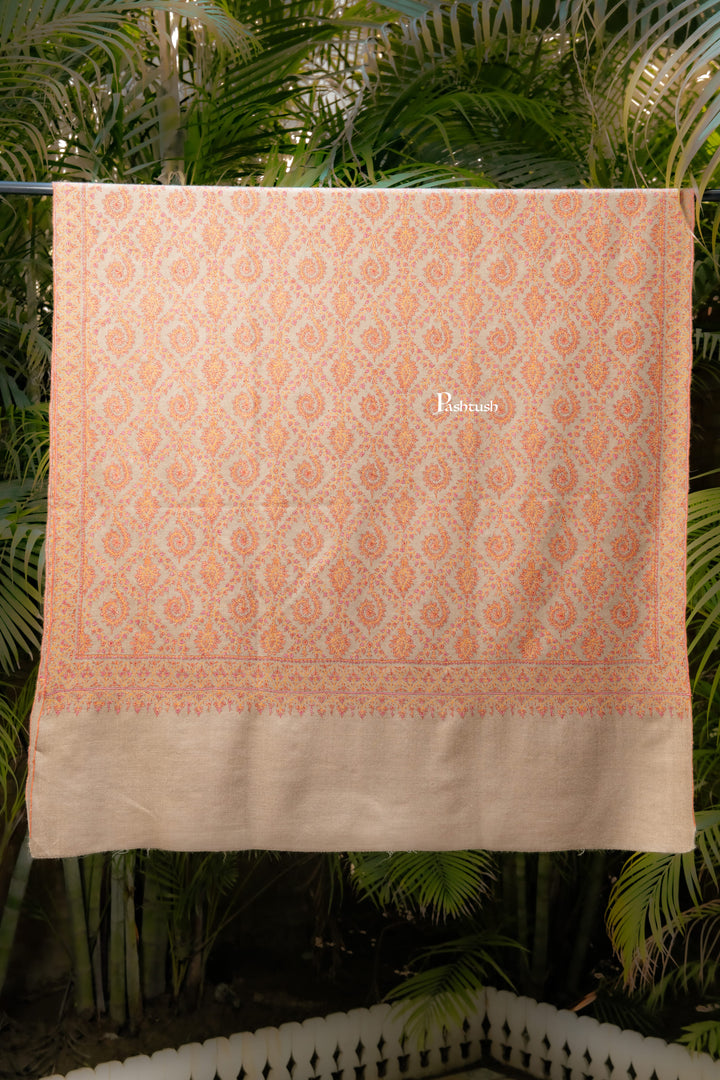 Pashtush India Womens Shawls Pashtush  Pure Pashmina Shawl, Sozni Hand Embroidery, Hand Woven Design, Beige