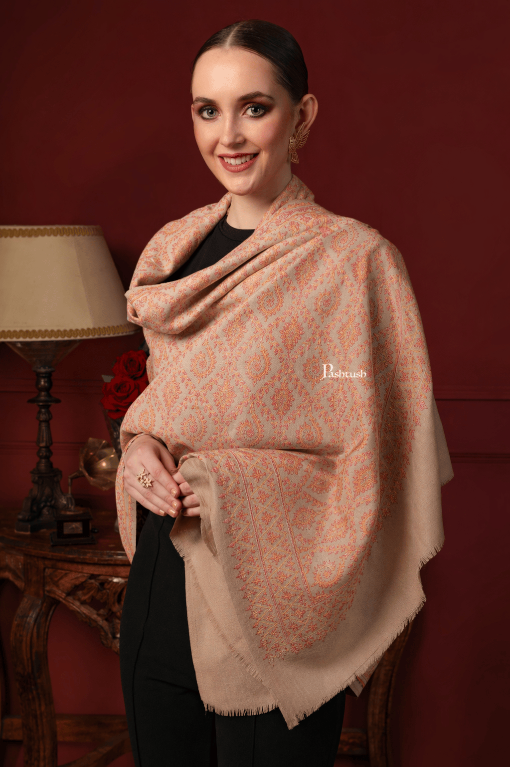 Pashtush India Womens Shawls Pashtush  Pure Pashmina Shawl, Sozni Hand Embroidery, Hand Woven Design, Beige