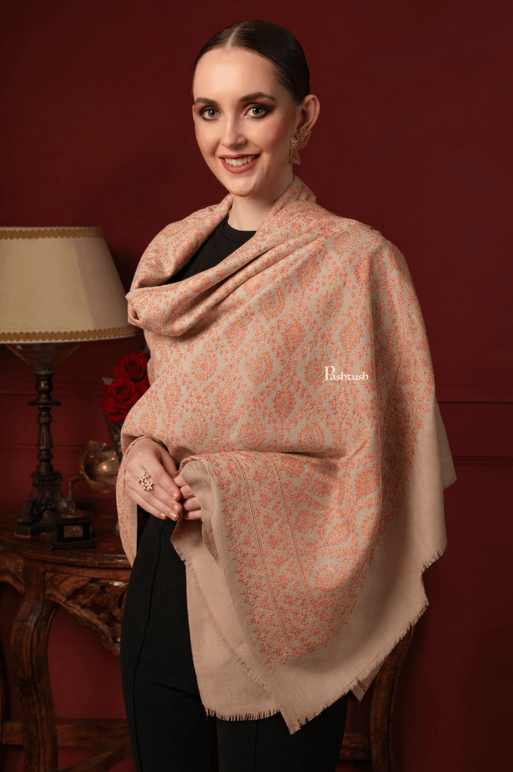 Pashtush India Womens Shawls Pashtush  Pure Pashmina Shawl, Sozni Hand Embroidery, Hand Woven Design, Beige