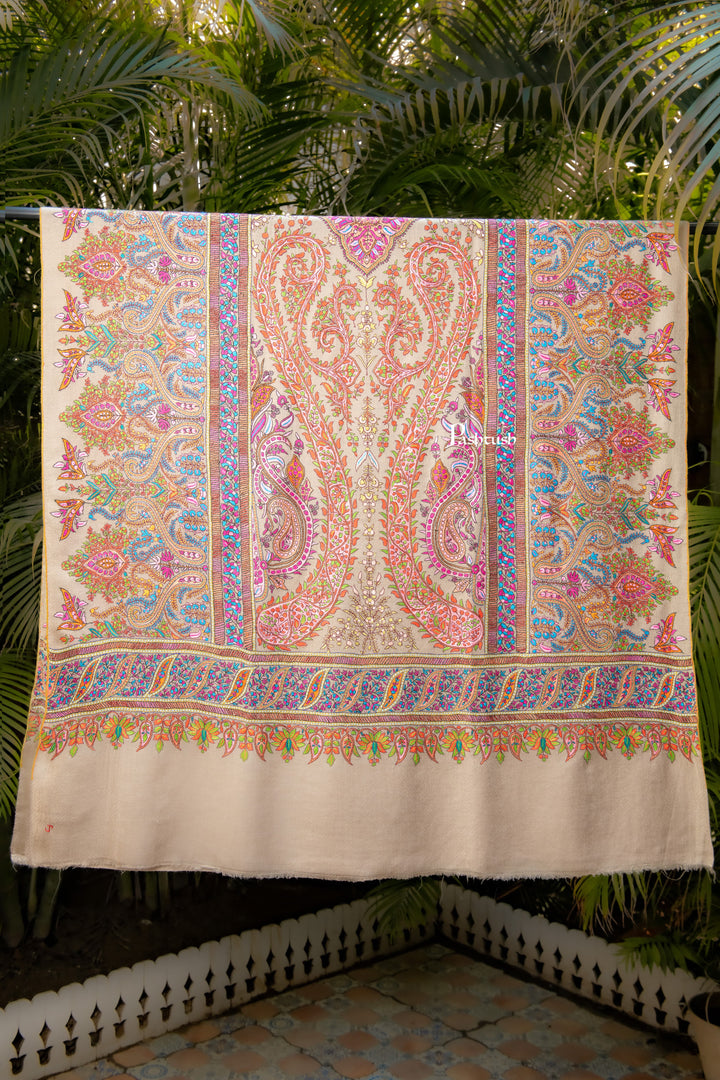 Pashtush India Womens Shawls Pashtush  Pure Pashmina Shawl, Sozni Hand Embroidery, Hand Woven Design, Taupe
