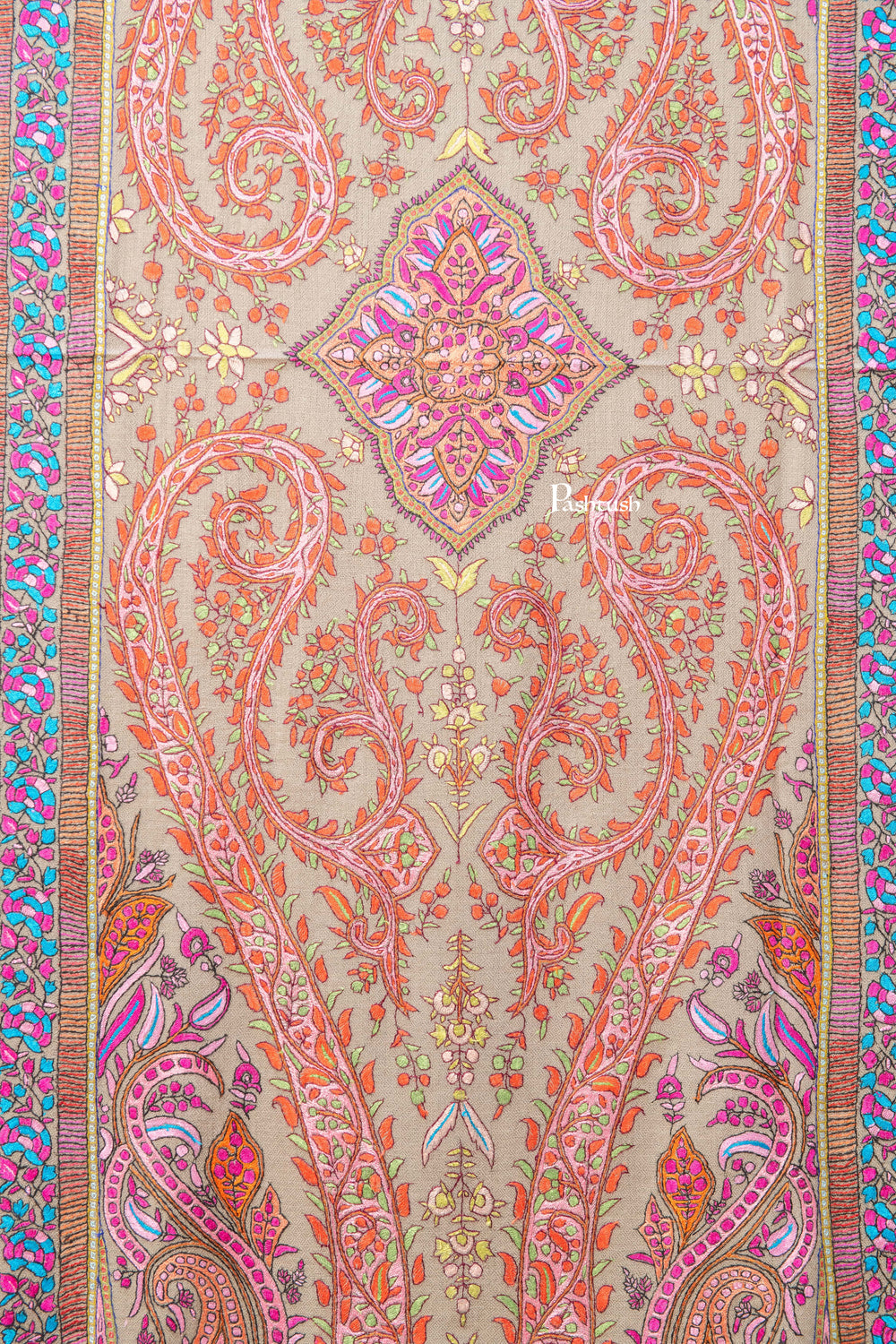 Pashtush India Womens Shawls Pashtush  Pure Pashmina Shawl, Sozni Hand Embroidery, Hand Woven Design, Taupe