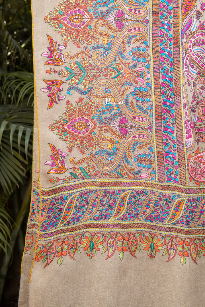 Pashtush India Womens Shawls Pashtush  Pure Pashmina Shawl, Sozni Hand Embroidery, Hand Woven Design, Taupe