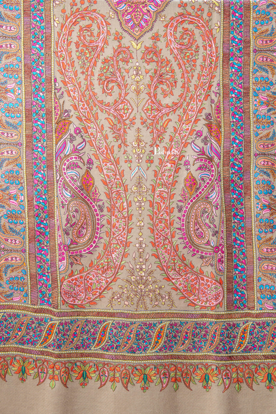 Pashtush India Womens Shawls Pashtush  Pure Pashmina Shawl, Sozni Hand Embroidery, Hand Woven Design, Taupe