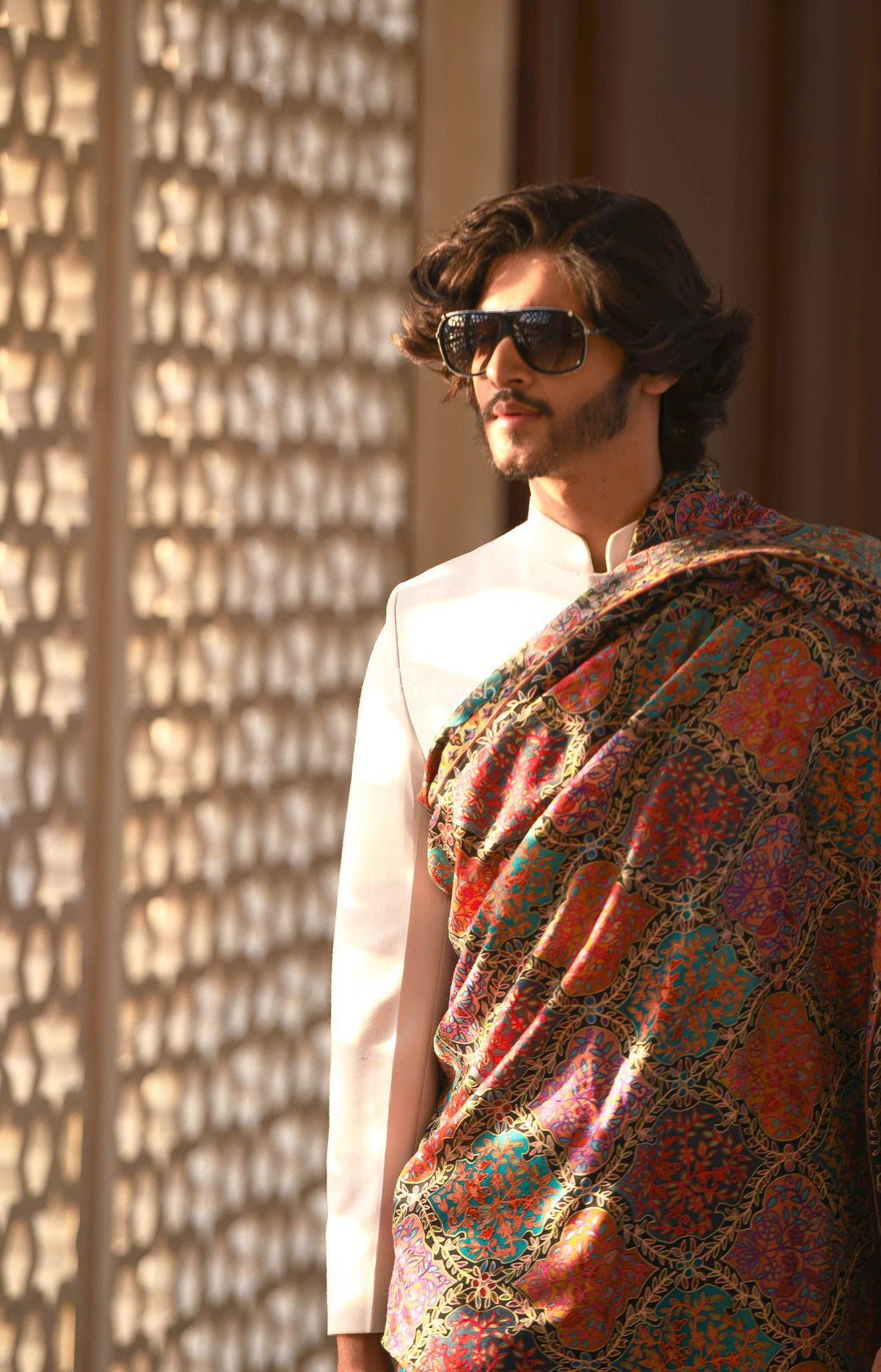 Pashtush India Mens Shawls Gents Shawl Pashtush Pure Wool, Woolmark Certified, Mens Embroidery Kalamkari Shawl, Multicoloured