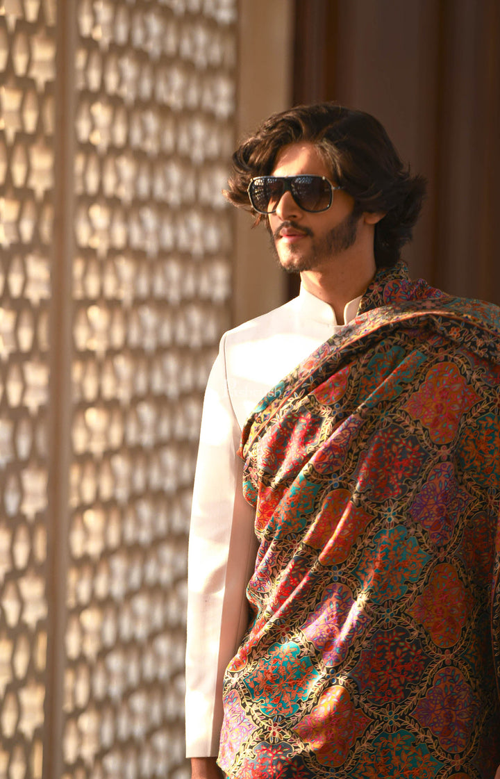 Pashtush India Mens Shawls Gents Shawl Pashtush Pure Wool, Woolmark Certified, Mens Embroidery Kalamkari Shawl, Multicoloured