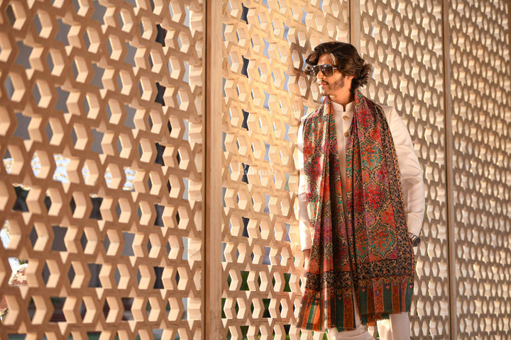 Pashtush India Mens Shawls Gents Shawl Pashtush Pure Wool, Woolmark Certified, Mens Embroidery Kalamkari Shawl, Multicoloured