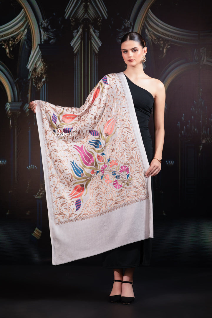 Pashtush India womens scarf and Stoles Pashtush Tres Chic Regal Collection, Floral Embroidery, Extra Soft Fine Wool Stole, Scarf, Soft Pink