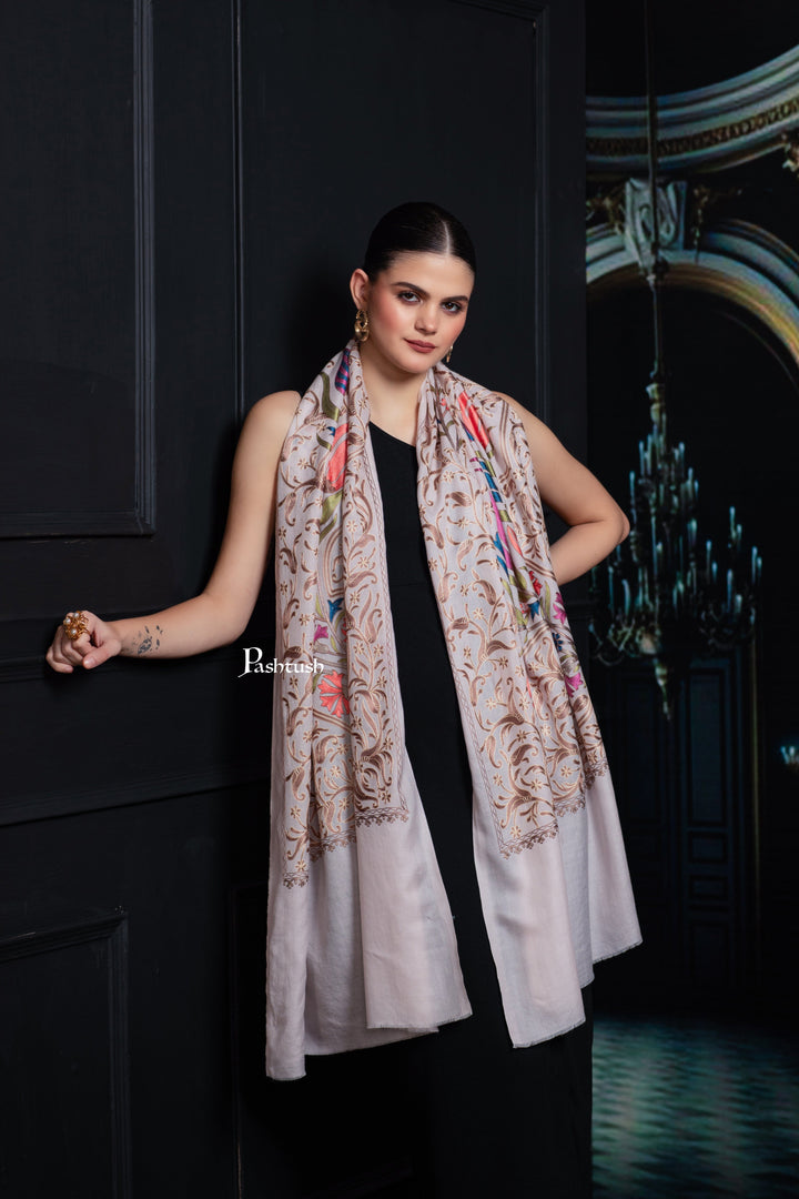 Pashtush India womens scarf and Stoles Pashtush Tres Chic Regal Collection, Floral Embroidery, Extra Soft Fine Wool Stole, Scarf, Soft Pink
