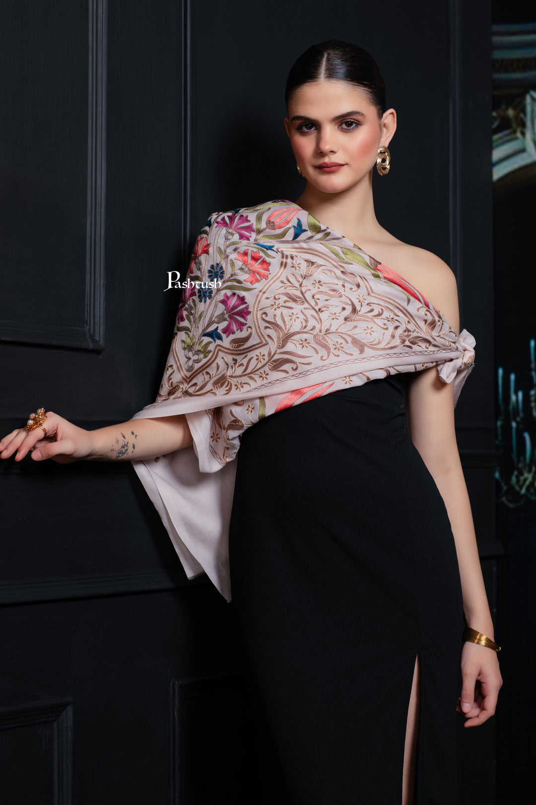 Pashtush India womens scarf and Stoles Pashtush Tres Chic Regal Collection, Floral Embroidery, Extra Soft Fine Wool Stole, Scarf, Soft Pink