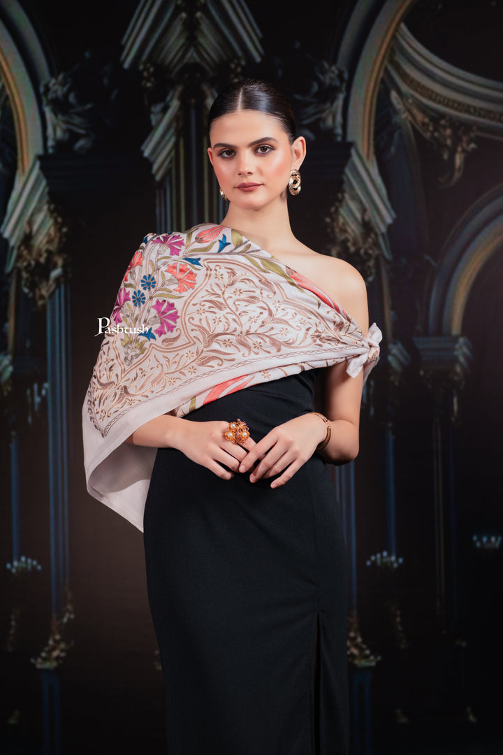 Pashtush India womens scarf and Stoles Pashtush Tres Chic Regal Collection, Floral Embroidery, Extra Soft Fine Wool Stole, Scarf, Soft Pink