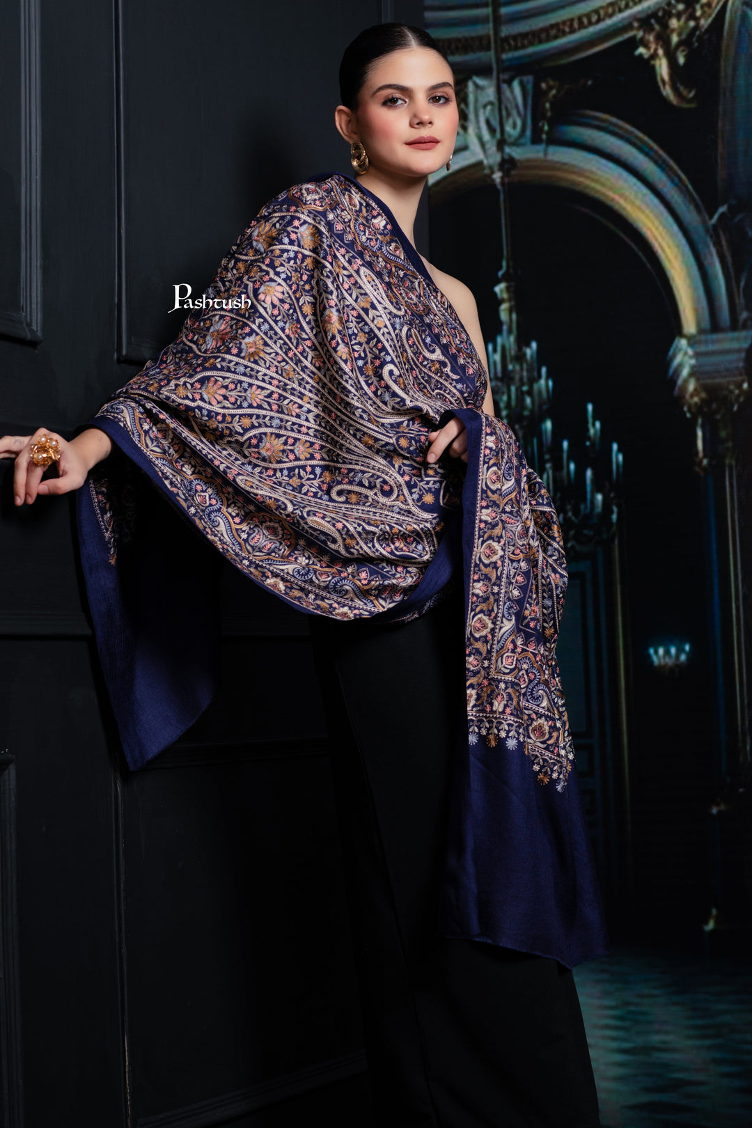 Pashtush India womens scarf and Stoles Pashtush Tres Chic Regal Collection, Paisley Embroidery, Extra Soft Fine Wool Stole, Scarf, Navy Blue