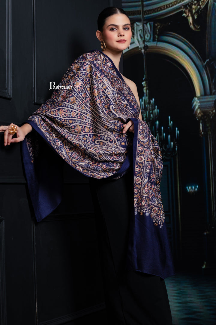 Pashtush India womens scarf and Stoles Pashtush Tres Chic Regal Collection, Paisley Embroidery, Extra Soft Fine Wool Stole, Scarf, Navy Blue