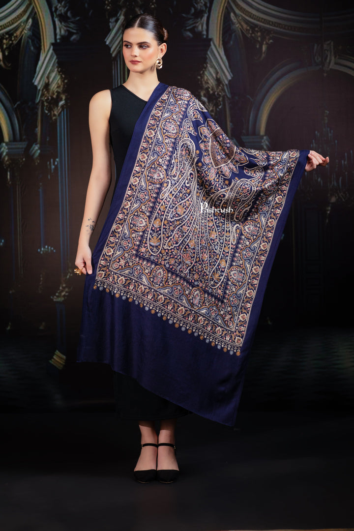 Pashtush India womens scarf and Stoles Pashtush Tres Chic Regal Collection, Paisley Embroidery, Extra Soft Fine Wool Stole, Scarf, Navy Blue