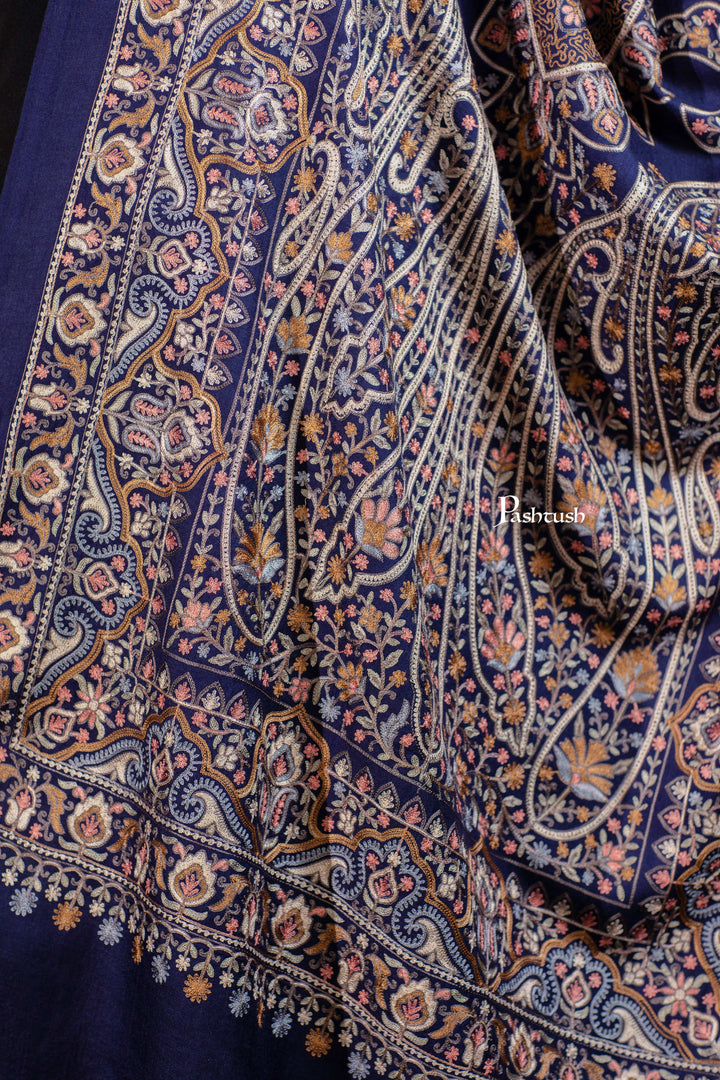 Pashtush India womens scarf and Stoles Pashtush Tres Chic Regal Collection, Paisley Embroidery, Extra Soft Fine Wool Stole, Scarf, Navy Blue