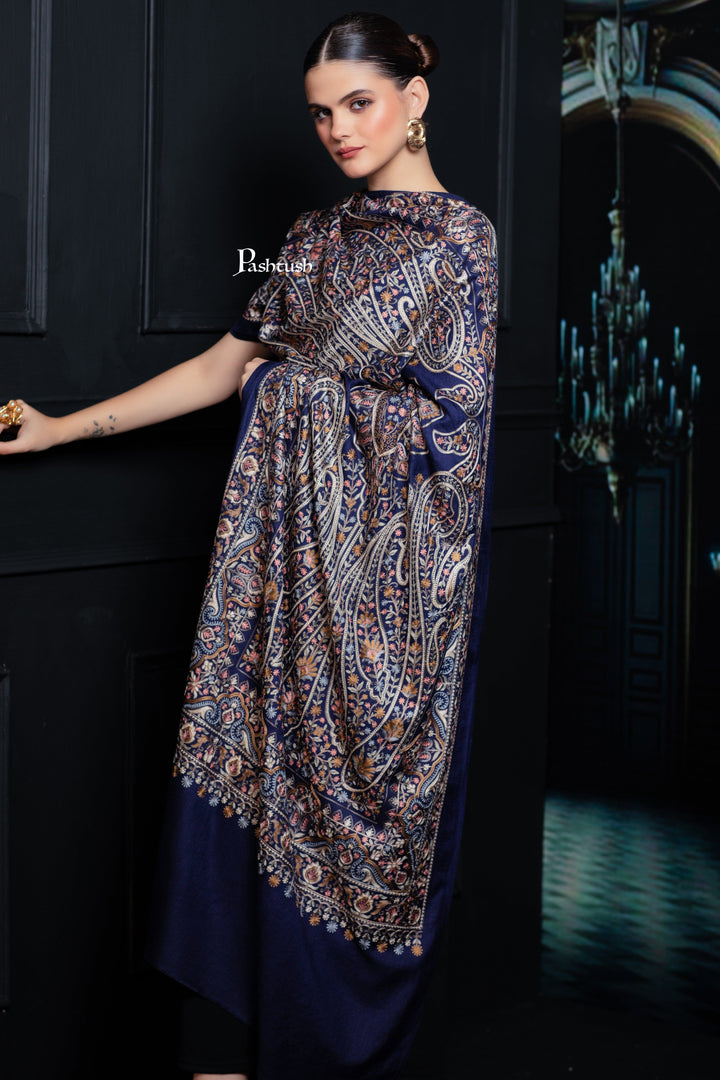 Pashtush India womens scarf and Stoles Pashtush Tres Chic Regal Collection, Paisley Embroidery, Extra Soft Fine Wool Stole, Scarf, Navy Blue