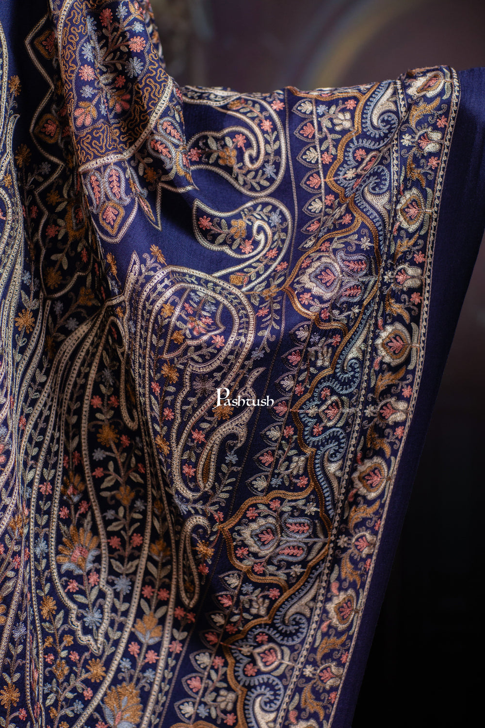 Pashtush India womens scarf and Stoles Pashtush Tres Chic Regal Collection, Paisley Embroidery, Extra Soft Fine Wool Stole, Scarf, Navy Blue