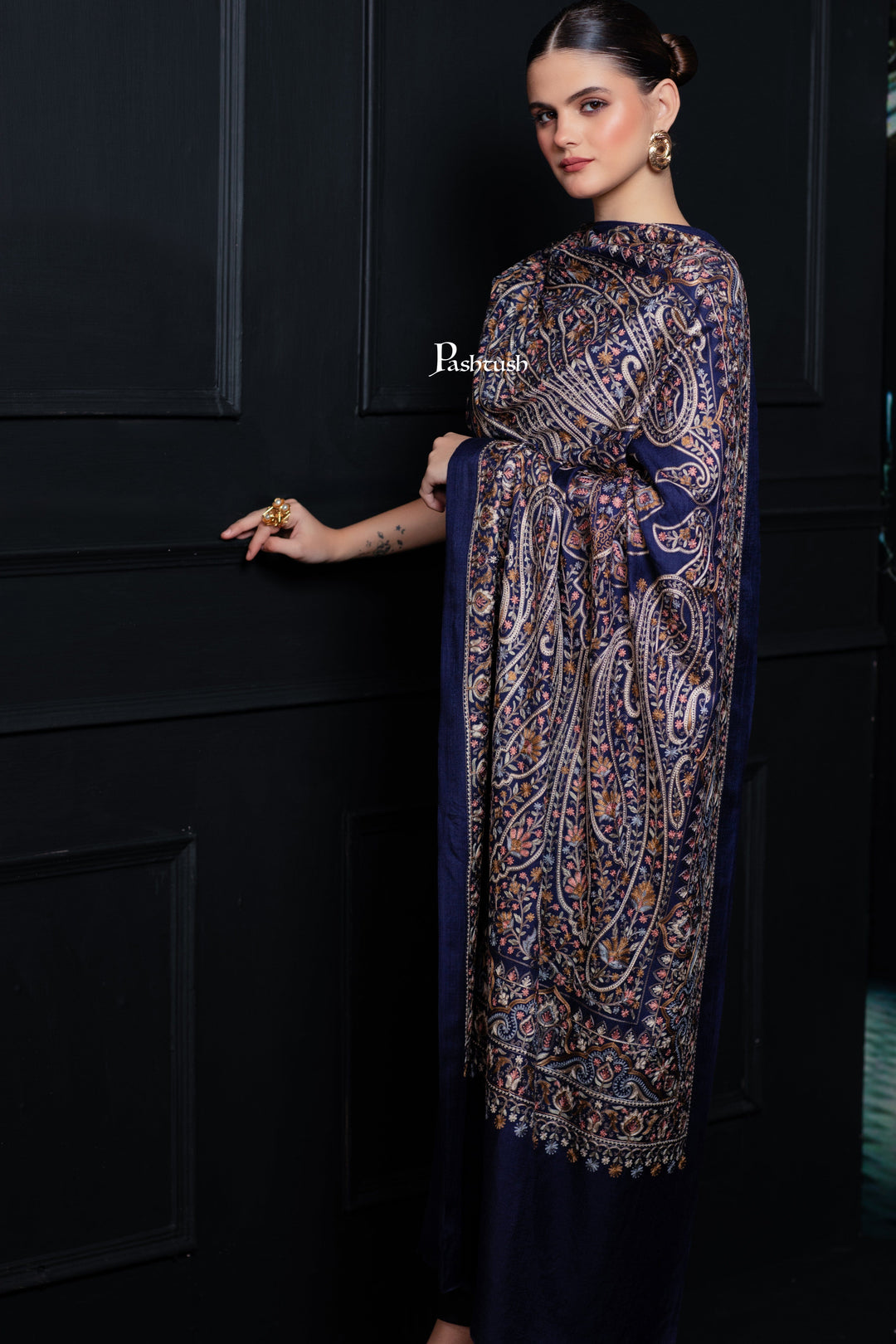 Pashtush India womens scarf and Stoles Pashtush Tres Chic Regal Collection, Paisley Embroidery, Extra Soft Fine Wool Stole, Scarf, Navy Blue