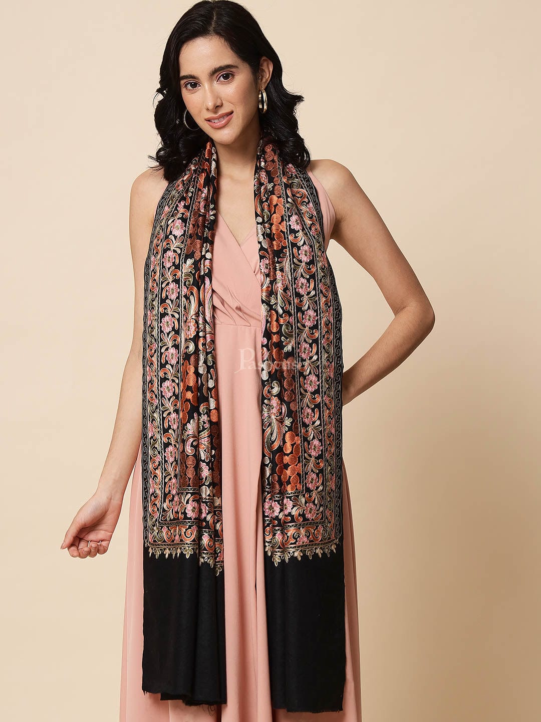 Pashtush India Womens Stoles and Scarves Scarf Pashtush Tres Chic Regal Collection, Soft Wool Embroidery Nalki Scarf, Scallop Black