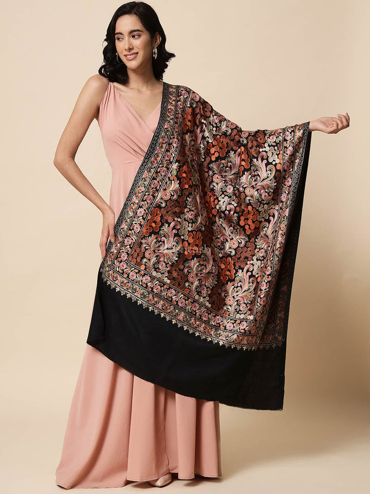 Pashtush India Womens Stoles and Scarves Scarf Pashtush Tres Chic Regal Collection, Soft Wool Embroidery Nalki Scarf, Scallop Black