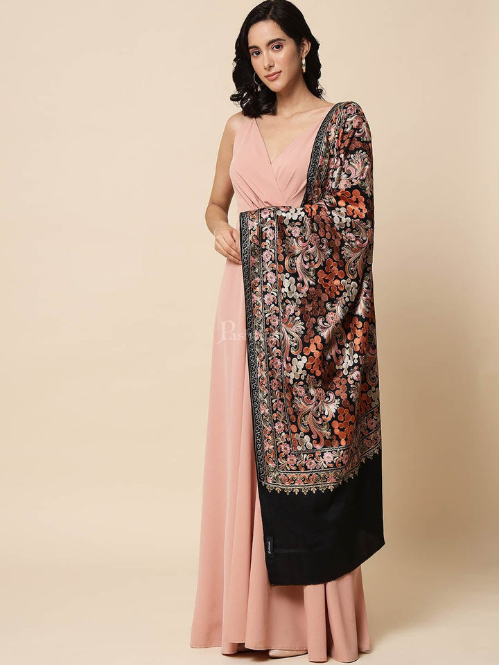 Pashtush India Womens Stoles and Scarves Scarf Pashtush Tres Chic Regal Collection, Soft Wool Embroidery Nalki Scarf, Scallop Black