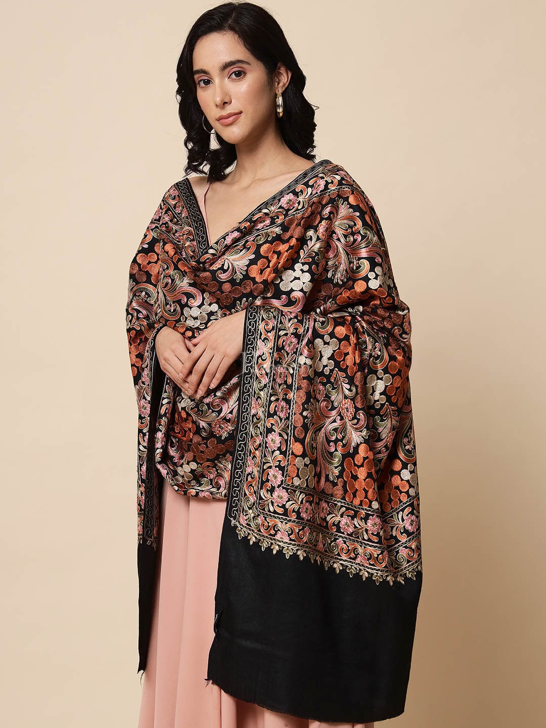 Pashtush India Womens Stoles and Scarves Scarf Pashtush Tres Chic Regal Collection, Soft Wool Embroidery Nalki Scarf, Scallop Black