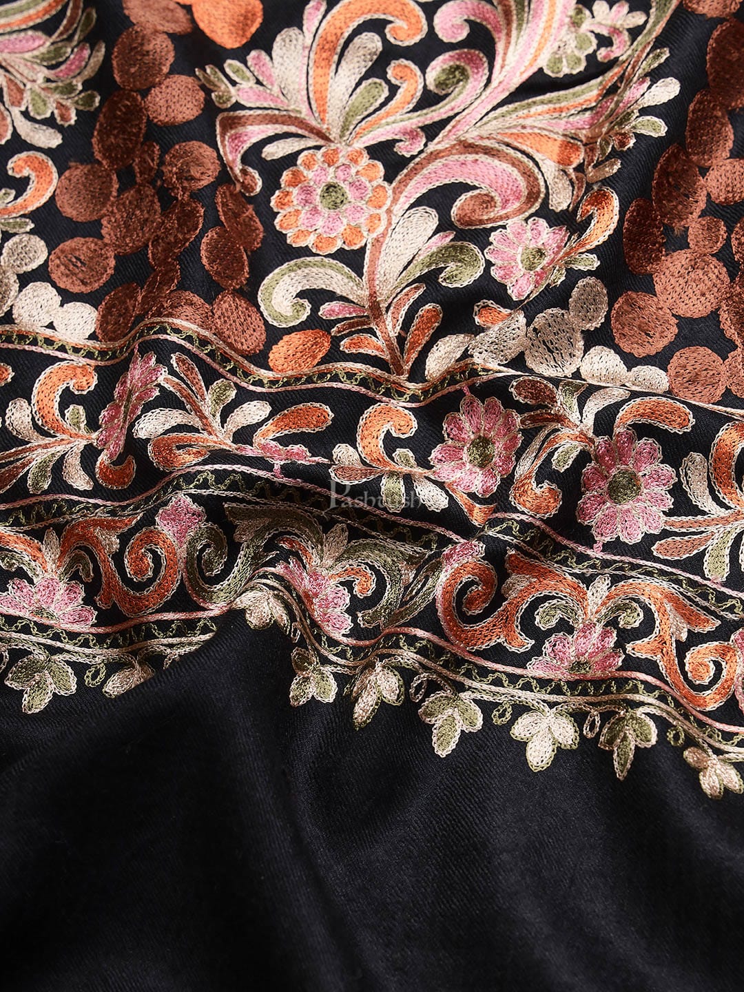 Pashtush India Womens Stoles and Scarves Scarf Pashtush Tres Chic Regal Collection, Soft Wool Embroidery Nalki Scarf, Scallop Black
