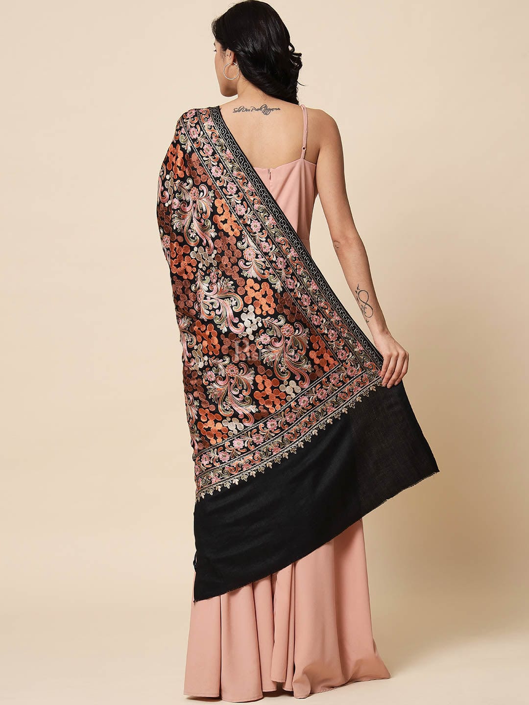 Pashtush India Womens Stoles and Scarves Scarf Pashtush Tres Chic Regal Collection, Soft Wool Embroidery Nalki Scarf, Scallop Black