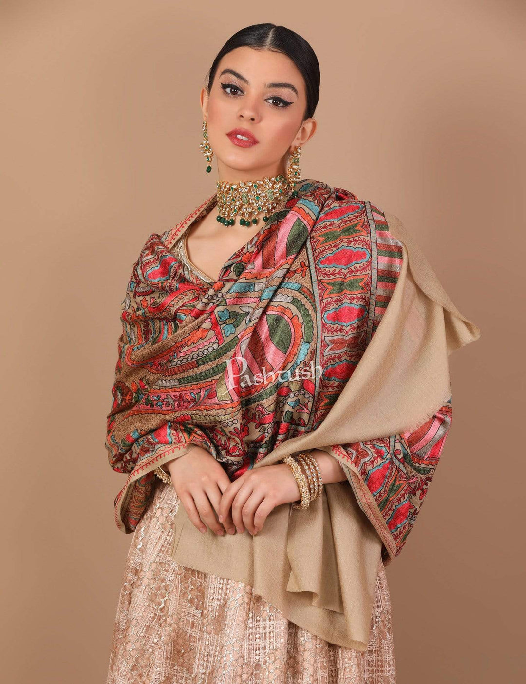 Pashtush Shawl Store Stole Pashtush Tres Chic Regal Collection, Wool Embroidery Nalki Shawl Scarf, Rich Black