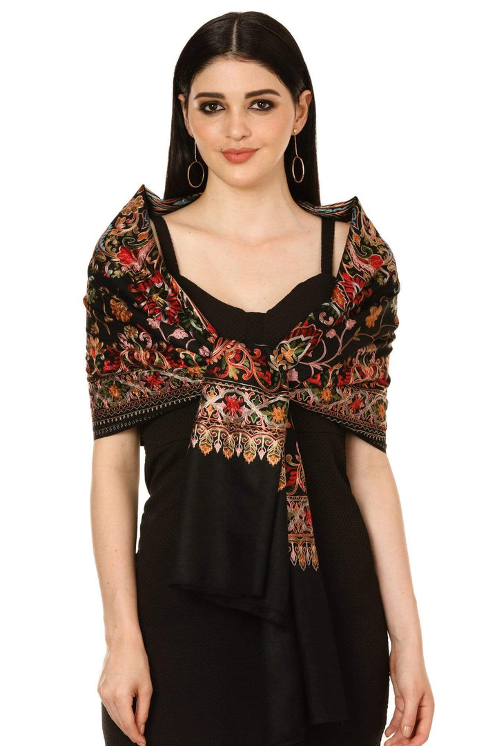 Pashtush India 70x200 Pashtush Tres Chic Regal Collection, Wool Embroidery Nalki Shawl Scarf, Rich Black