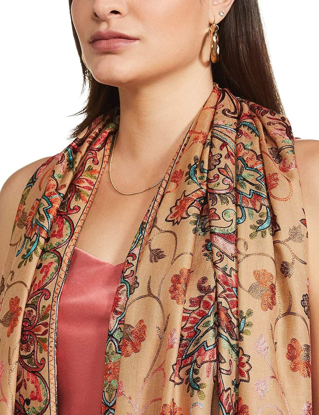 Pashtush India 70x200 Pashtush Tres Chic Regal Collection, Wool Embroidery Nalki Shawl Scarf, Sahara Beige